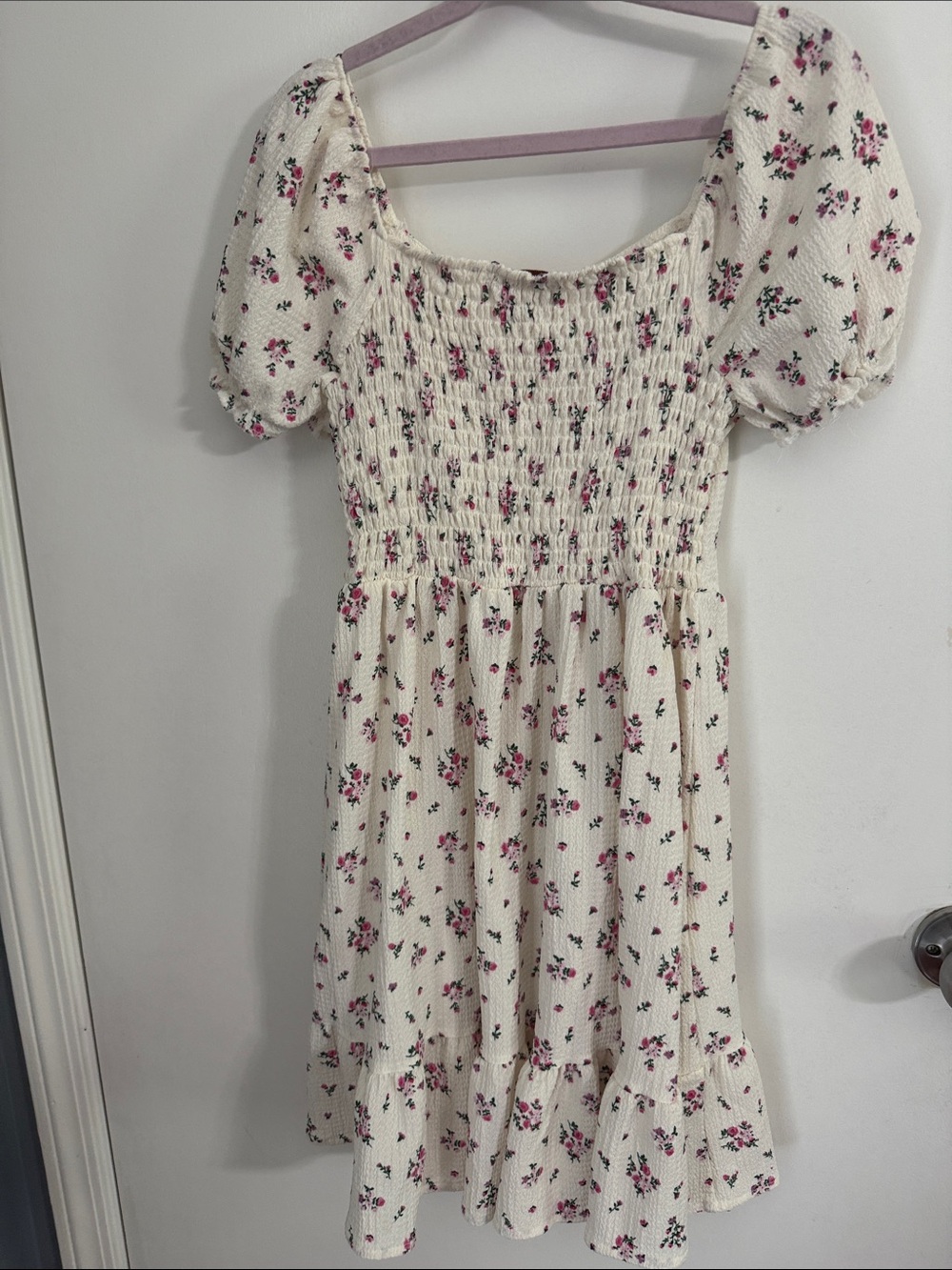 Kids Floral Puff-Sleeve Casual Dress - Cream with Pink Roses - Picture 3 of 7